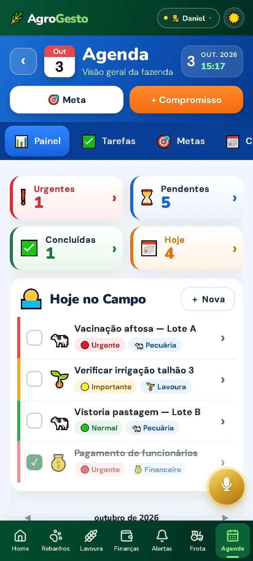 Agenda com tarefas do dia, pendências e metas