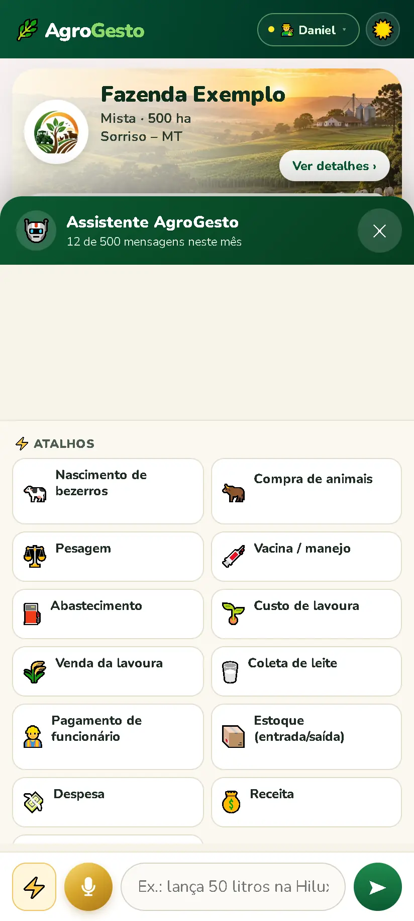 Lista de atalhos de lançamentos comuns