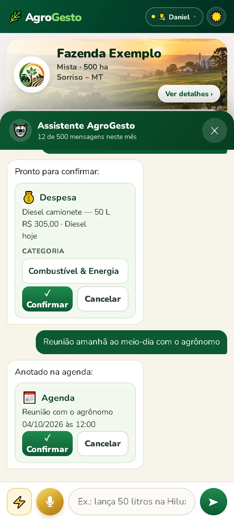 Cartões de confirmação de despesa e de compromisso na agenda