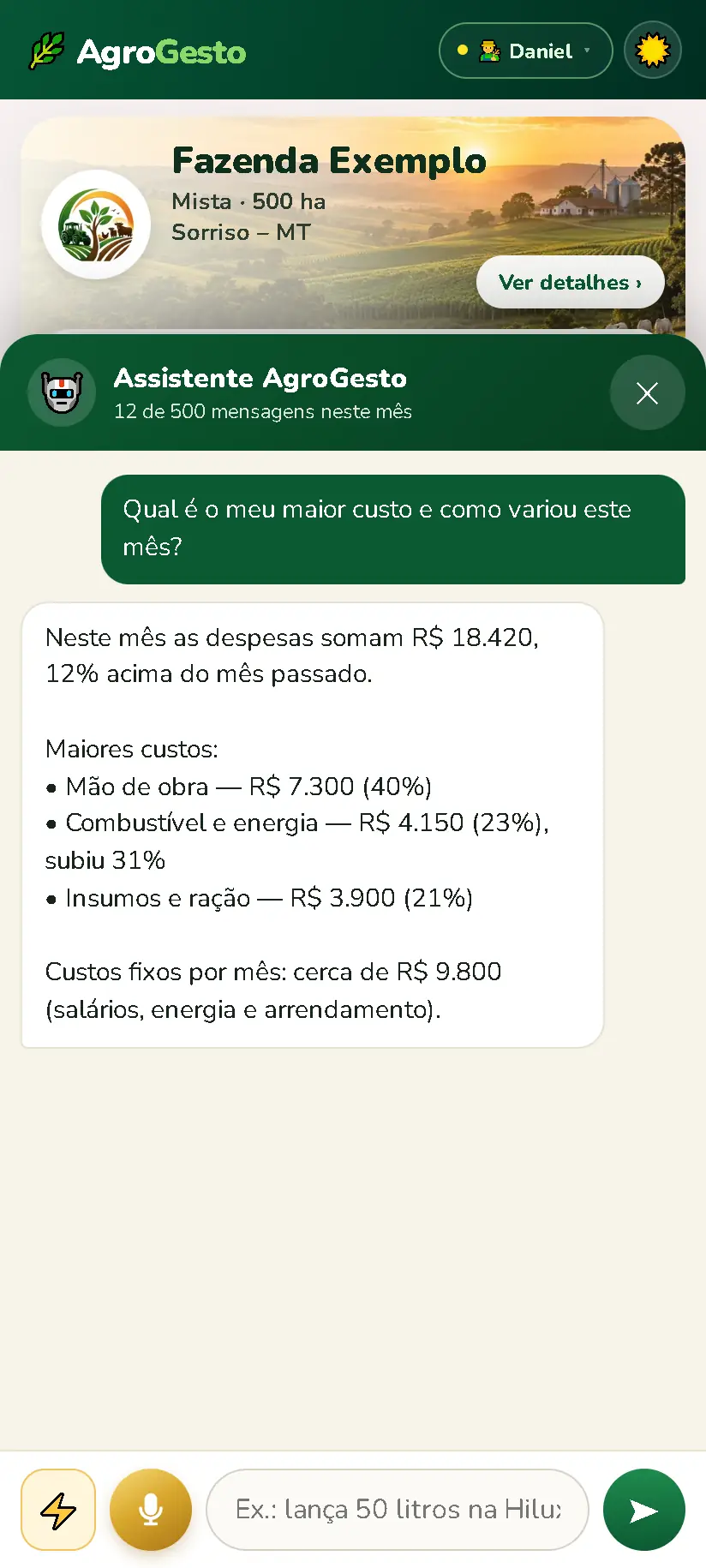 Resposta do assistente sobre maior custo e custos fixos