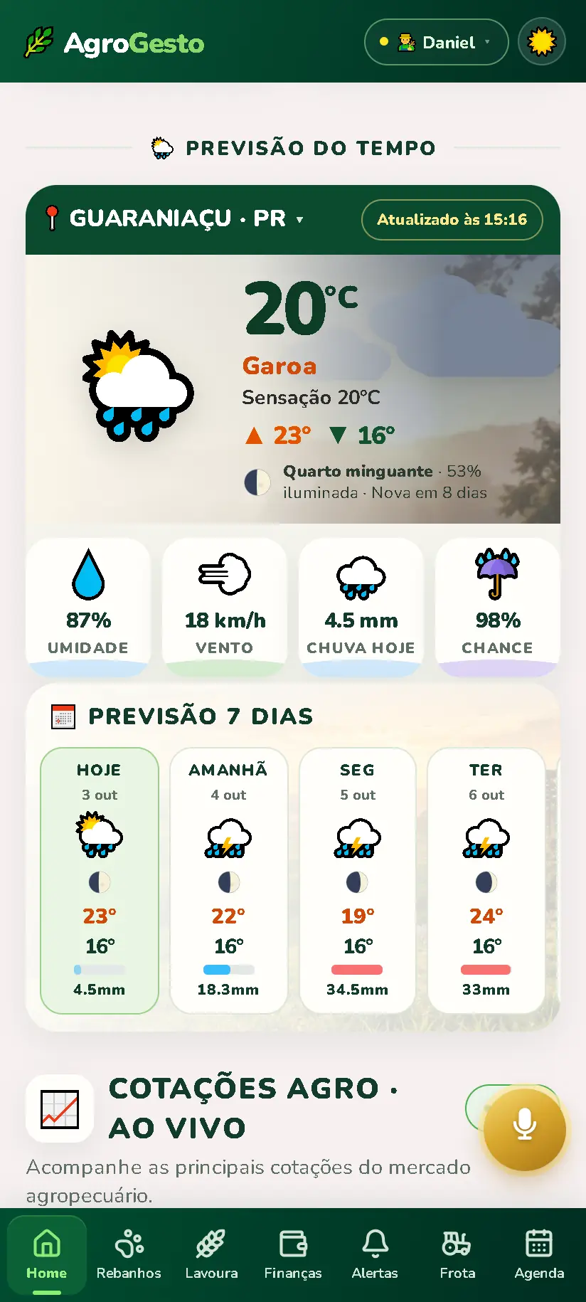 Previsão do tempo com chuva, vento e previsão de 7 dias