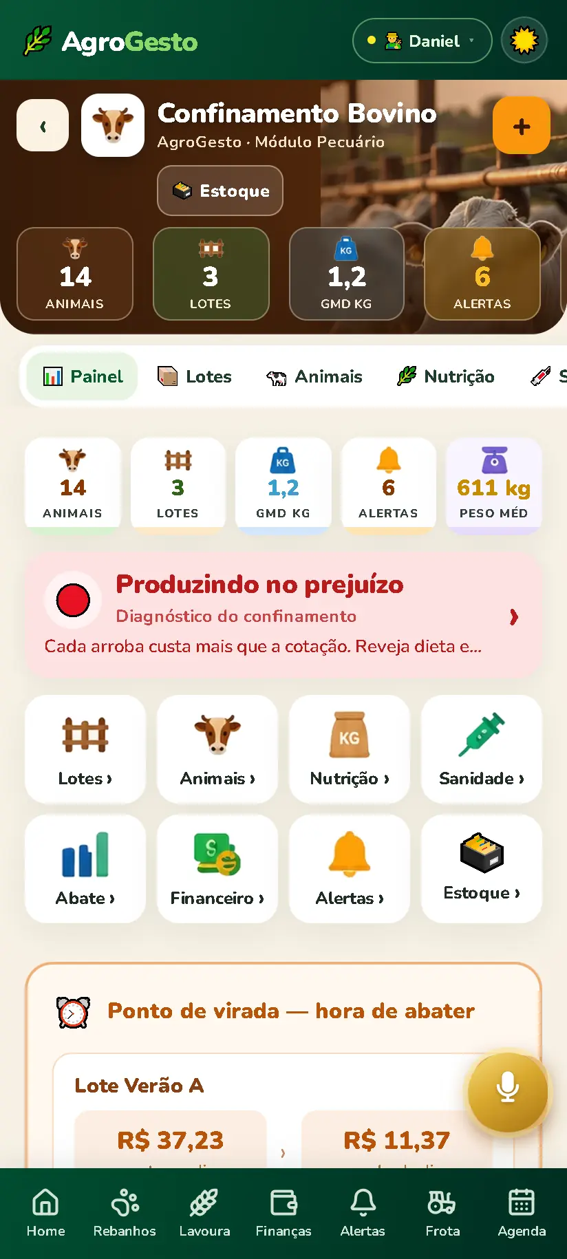 Painel do confinamento com animais, lotes, GMD e alerta de prejuízo
