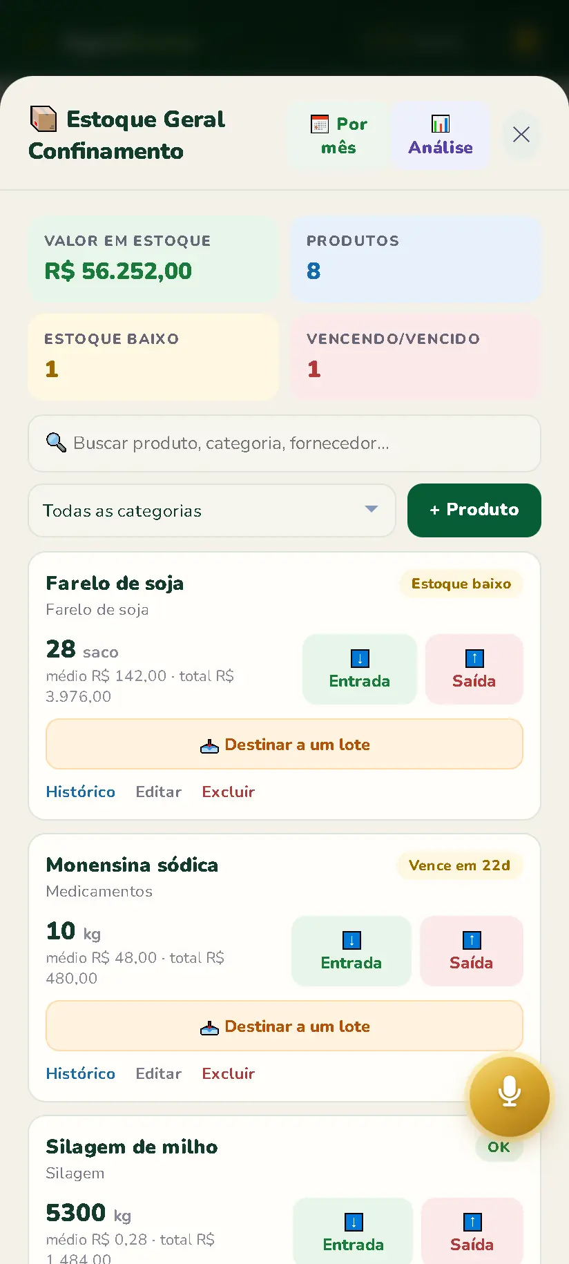 Estoque com valor, produtos, entradas e saídas