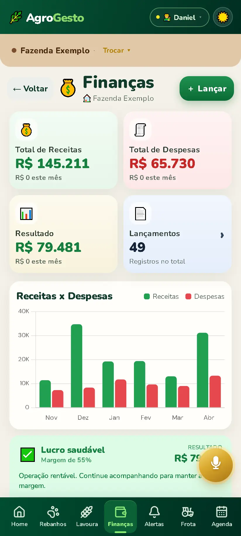 Finanças com receitas, despesas, resultado e gráfico