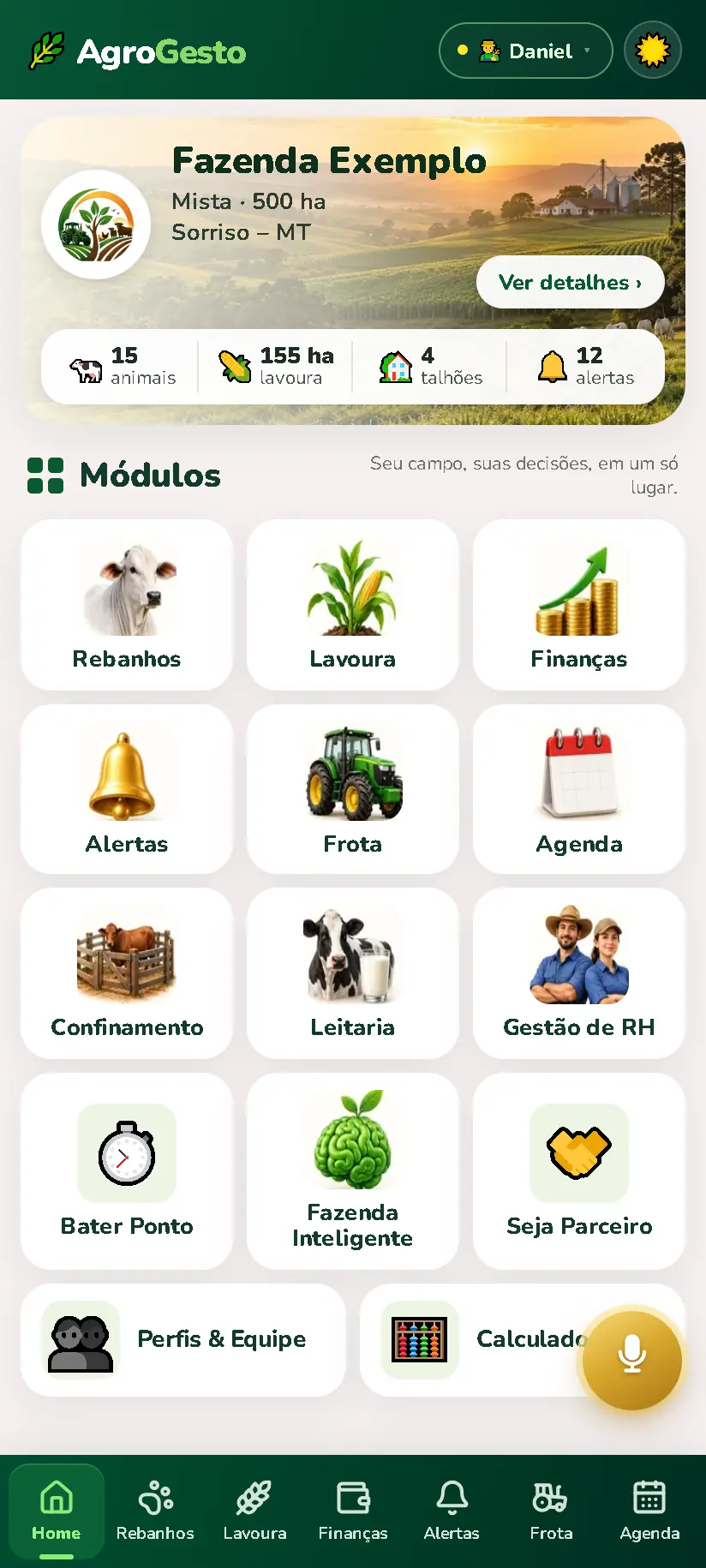 Tela inicial com o cartão da fazenda e os módulos