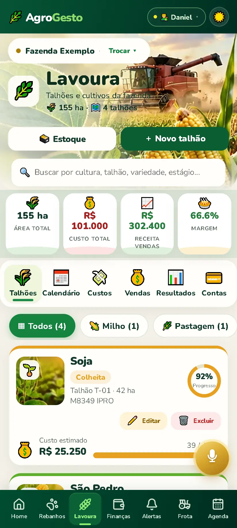 Lavoura com área, custos, receitas e margem por talhão
