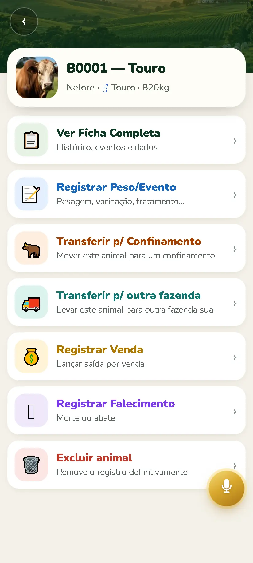 Ações do animal: ficha, peso, transferências, venda e falecimento