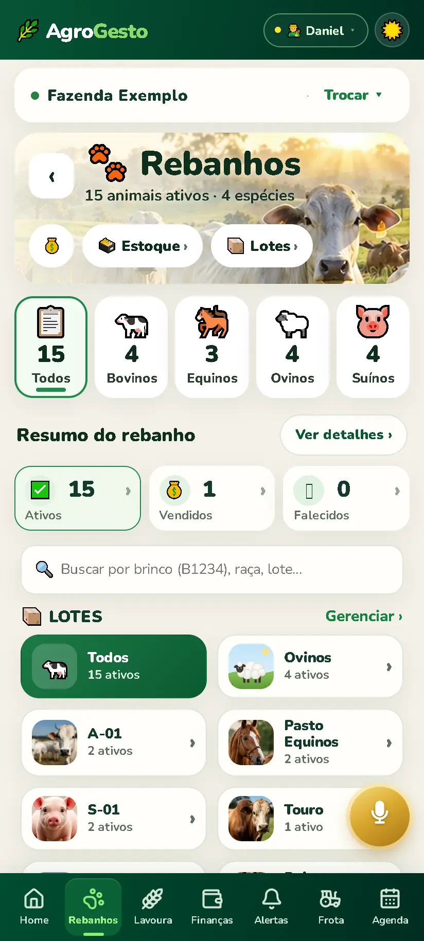 Rebanhos por espécie, resumo e lotes